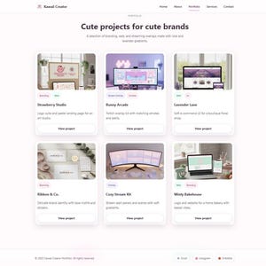May include: A website portfolio showcasing branding and web design projects. Featured projects include Strawberry Studio, Bunny Arcade, Lavender Lane, Ribbon & Co., Cozy Stream Kit, and Minty Bakehouse. The site has a clean, pastel aesthetic.