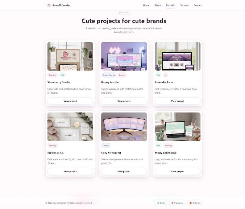 May include: A website portfolio showcasing branding and web design projects. Featured projects include Strawberry Studio, Bunny Arcade, Lavender Lane, Ribbon & Co., Cozy Stream Kit, and Minty Bakehouse. The site has a clean, pastel aesthetic.