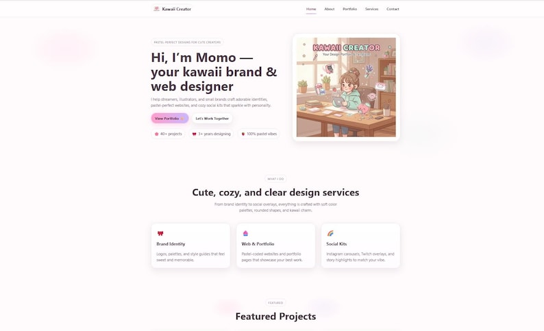 May include: A website design featuring the text "Kawaii Creator" and "Hi, I'm Momo - your kawaii brand & web designer." The site showcases design services with a cute, cozy theme. An illustration of a person at a desk is also present.