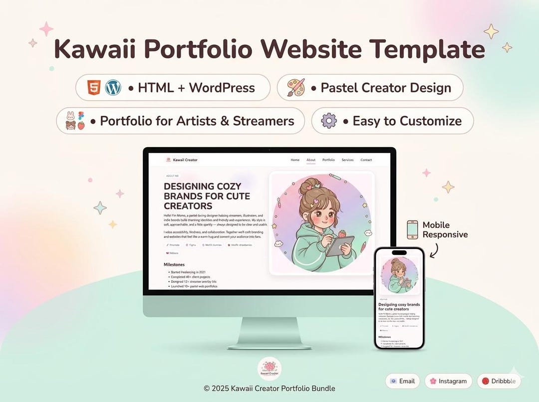 Kawaii Portfolio Website Template Bundle – HTML + Wordpress | Pastel ...