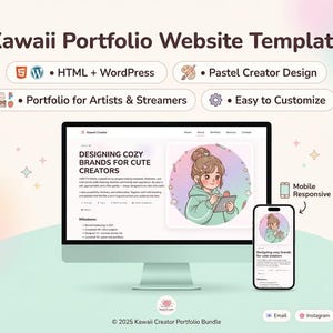 Ensemble de modèles de sites Web Portfolio Kawaii – HTML + WordPress | Web design pastel pour créateurs