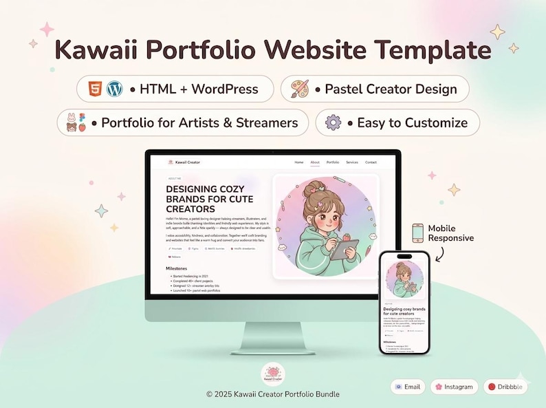 Kawaii Portfolio Website Template Bundle – HTML + WordPress | Pastel Web Design for Creators image 1