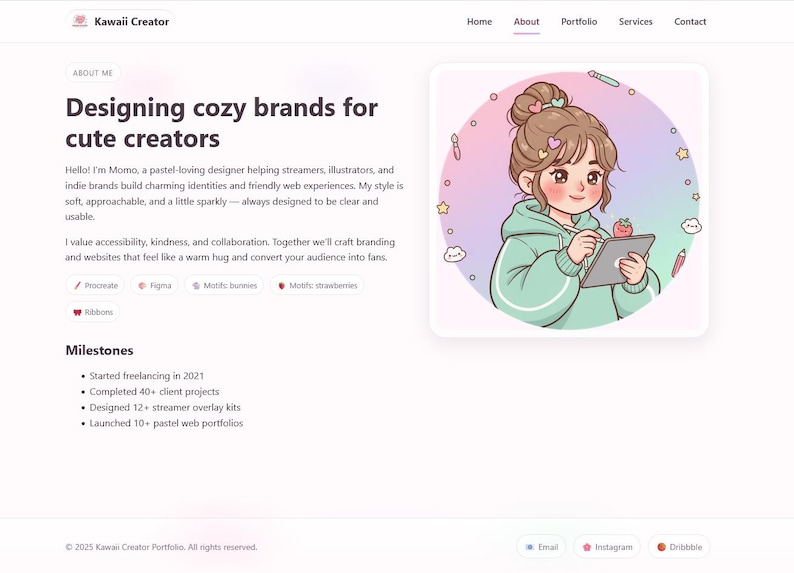 May include: Website design for Kawaii Creator. The page features the text "Designing cozy brands for cute creators." An illustration of a cartoon girl in a green hoodie holding a tablet is on the right. The website has a pastel color scheme.