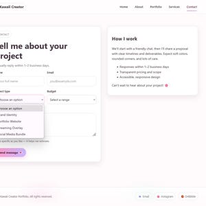 May include: A website contact form with fields for name, email, project type, and budget. The form is on a white background with a pink and purple "Send message" button. The website is for Kawaii Creator.