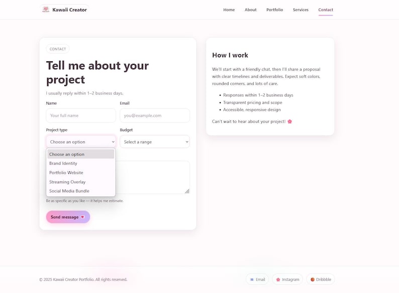 May include: A website contact form with fields for name, email, project type, and budget. The form is on a white background with a pink and purple "Send message" button. The website is for Kawaii Creator.