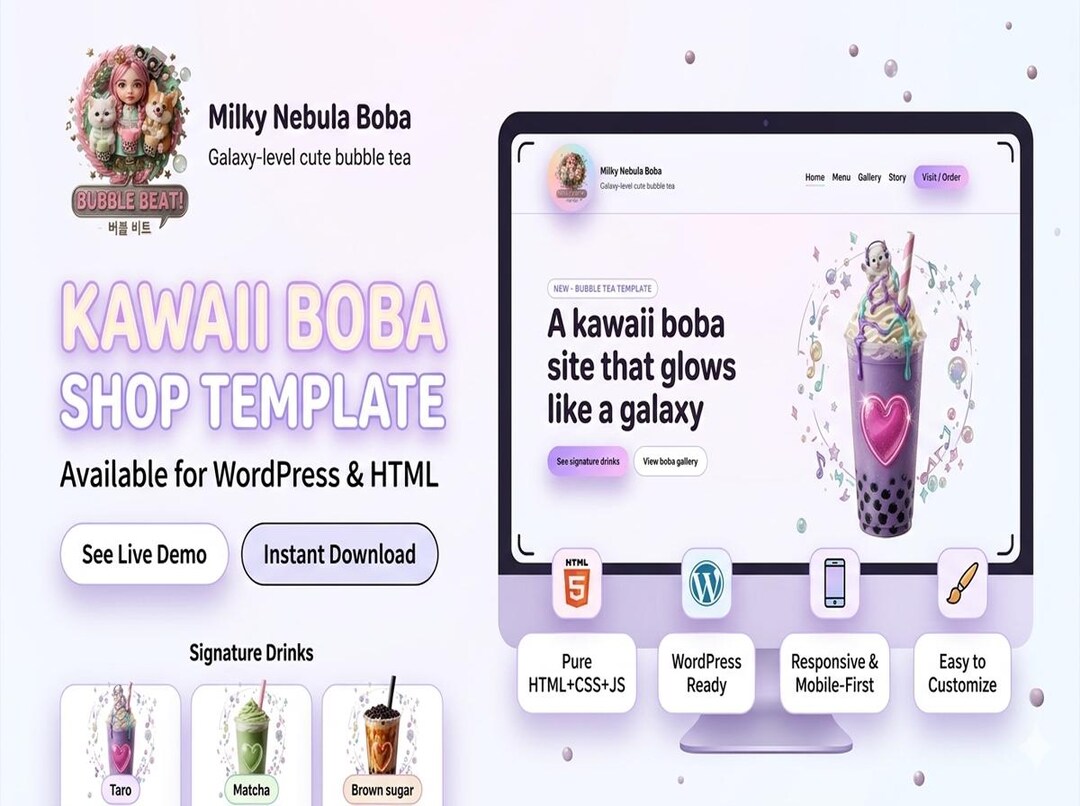 Kawaii Bubble Tea Shop Website Template – Wordpress, HTML Café Design ...