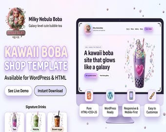 Kawaii Bubble Tea Shop Website Template – WordPress, HTML Café Design (Instant Download)