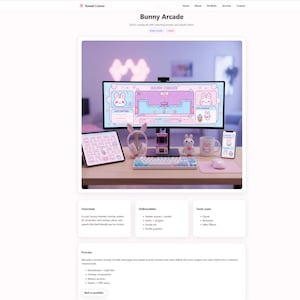 May include: A desktop setup with a large monitor displaying a bunny-themed overlay. The setup includes a tablet, headphones, a keyboard, a mug, a mouse, and a smartphone. The color scheme is pastel pink and blue.