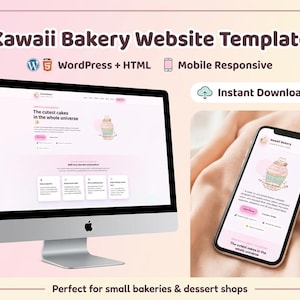 Kawaii Bakery Website Template | WordPress & HTML Cake Shop Design (Digital Download)