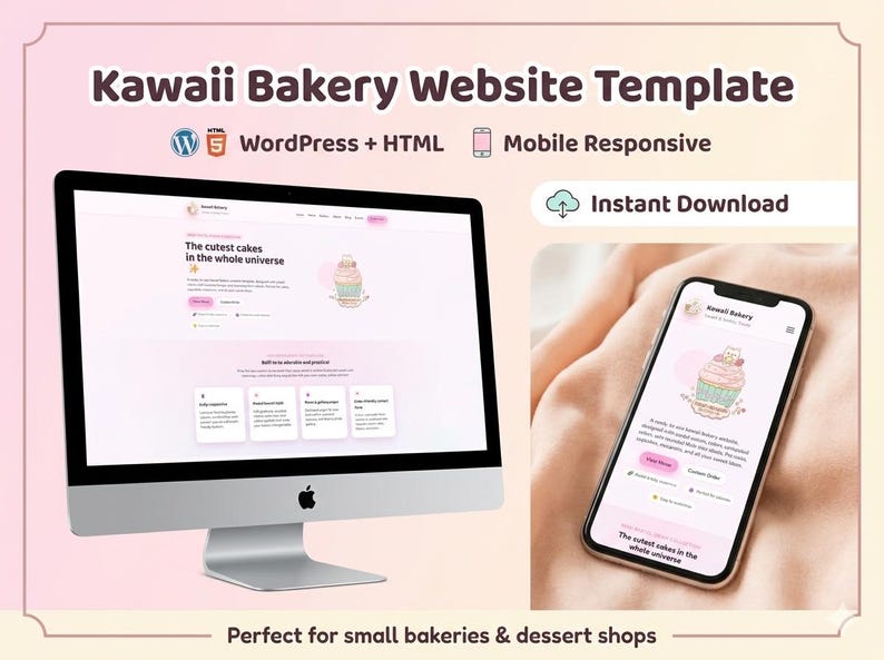 Kawaii Bakery Website Template | Wordpress & HTML Cake Shop Design ...