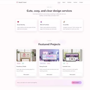 May include: A website design featuring a light pink and white color scheme. The site showcases design services with sections for brand identity, web & portfolio, and social kits. Featured projects include Strawberry Studio, Bunny Arcade, and Lavender Lane.