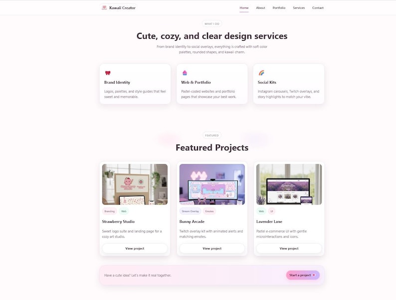 May include: A website design featuring a light pink and white color scheme. The site showcases design services with sections for brand identity, web & portfolio, and social kits. Featured projects include Strawberry Studio, Bunny Arcade, and Lavender Lane.