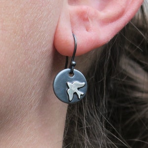 Dangle Bird Earrings • Silver Circle Earrings • Sterling Silver Everyday Jewellery