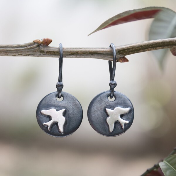 Dangle Bird Earrings • Silver Circle Earrings • Sterling Silver Everyday Jewellery