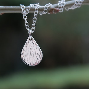 Simple Hammered Teardrop Pendant Necklace in Sterling Silver