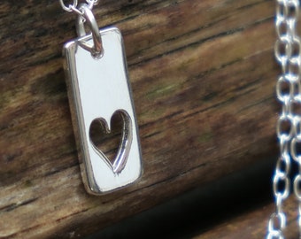 Silver Vertical Bar Necklace • Sterling Silver Heart Pendant Necklace • Friendship Necklace