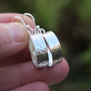 Hammered Circle Sterling Silver Dangle Earrings • Simple, Modern and Minimalist • Recycled Silver Hoops • Gift for Her