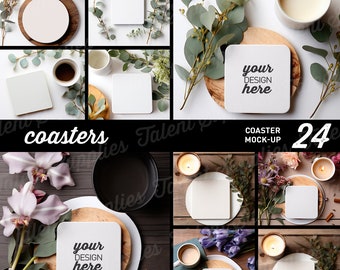 Coaster mockup BUNDLE, square image coasters mock-up eucalyptus, iris roses, candle, insta preview. Instant download. 0023MO A