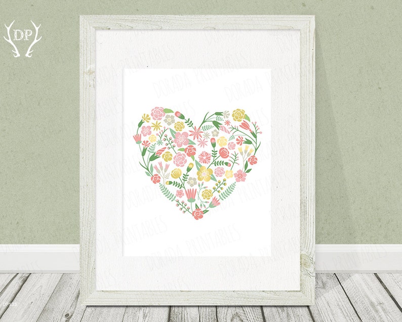 Floral Heart, Printable Love Wall Art, Home Decor, Flower Wreath ...