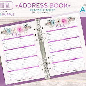 A5 Address Book for planner, contacts printable page half size insert, purple pink watercolor florals instant download 005OR C BOHO PURPLE