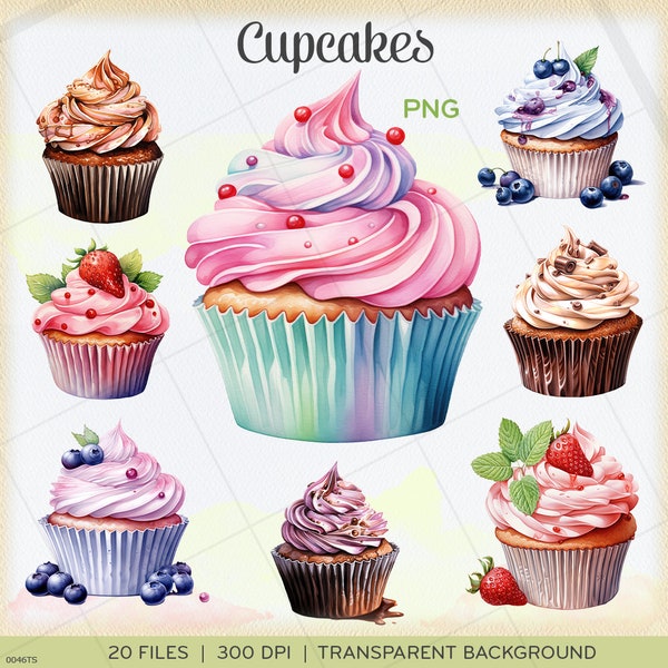 Cupcakes clip art, PNGs, strawberry, blueberry, chocolate, caramel, berry, rainbow cupcake, transparent background, instant download. 0046TS