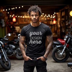 Biker mockup, black T-Shirt mockup, bella canvas 3001 tshirt motorcycle men mock, apparel man biker gildan 5000. Instant download. 0099MO M