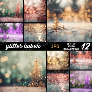 Puede incluir: Doce fondos digitales con un efecto bokeh borroso y un pequeño árbol de Navidad en primer plano. Los fondos son de varios colores, incluyendo verde, azul, morado, rosa y dorado.