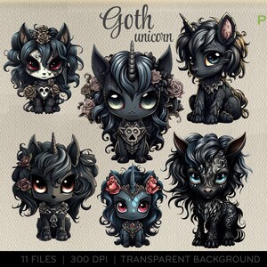 Black unicorn clip art, goth emo fantasy animal illustration cartoon png transparent background sublimation t-shit, instant download. 0034TS