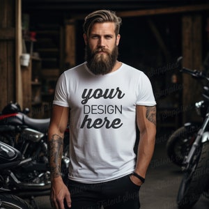 Biker mockup, white T-Shirt mockup, bella canvas 3001 tshirt motorcycle men mock, apparel men biker gildan 5000. Instant download. 0009MO H