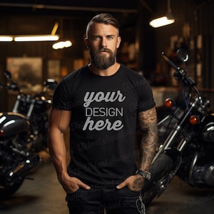 Biker mockup, black T-Shirt mockup, bella canvas 3001 tshirt motorcycle men mock, apparel men biker gildan 5000. Instant download. 0009MO F