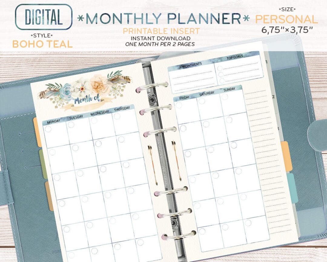 PERSONAL Size Monthly Planner, Printable Pages, Month per 2 Pages, to ...