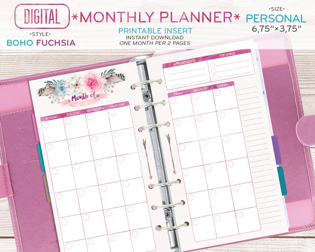 PERSONAL Size Monthly Planner, Printable Month per 2 Pages, to Do List ...