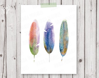 Feathers watercolor printable art nursery wall decoration instant download