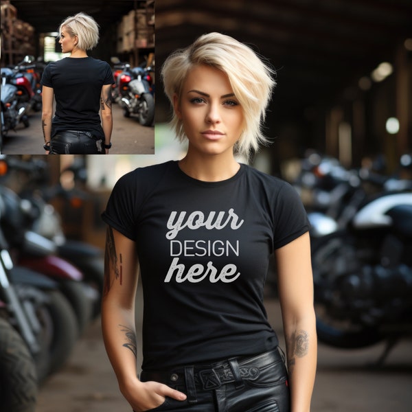 Biker woman mockup, black T-Shirt mockup, bella canvas 3001 tshirt motorcycle mock, apparel biker gildan 5000. Instant download. 0016MO F