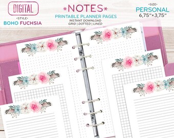 May include: Printable planner pages with a floral design in pink, blue, and white. The pages are available in grid, dotted, and lined styles. The size of the pages is 6.75 inches by 3.75 inches.