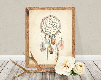 Watercolor dreamcatcher, feathers printable bohemian tribal wall art, wild boho rose, vintage home deoration, wall art, digital poster print