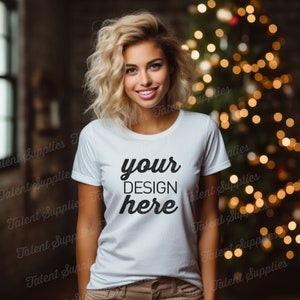 Christmas T Shirt mockup, bella canvas 3001 white t-shirt mock, tshirt mockups women model t-shirt front view. Instant download. 0008MO D