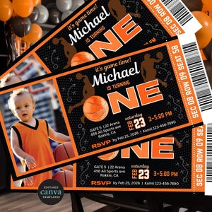 May include: Basketball-themed birthday party invitations. The design features a basketball, a silhouette of a player, and the text "Michael is turning ONE." The invitations are orange and black with event details.