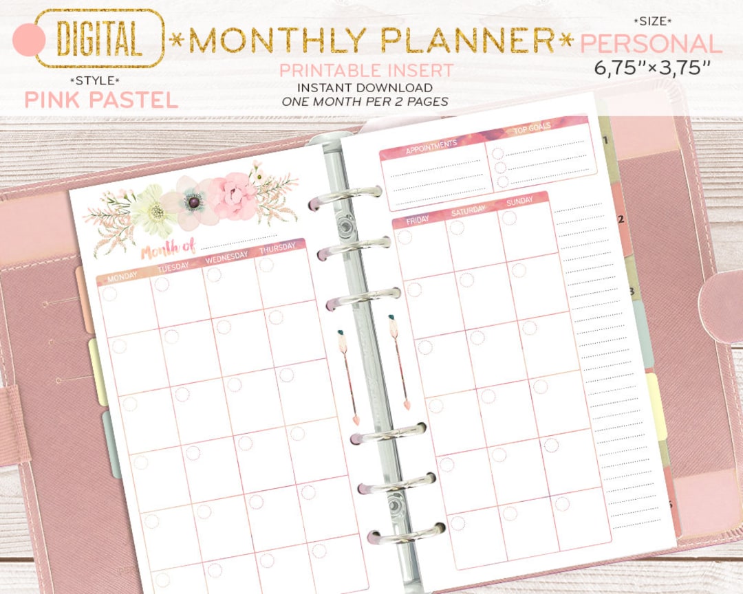 PERSONAL Size Monthly Planner, Printable One Month per 2 Pages, to Do ...