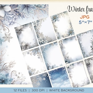 Molduras de inverno, JPGs, bordas de convite de Natal, flocos de neve, flores prateadas com glitter, fundo de convite, download instantâneo. 0025TS