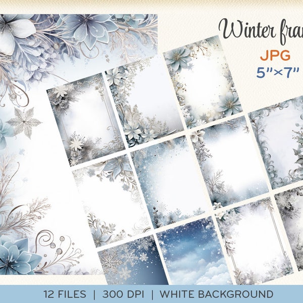 Winter frames, JPGs, Christmas invitation borders, snowflakes, silver glitter flowers, invitation background, instant download. 0025TS