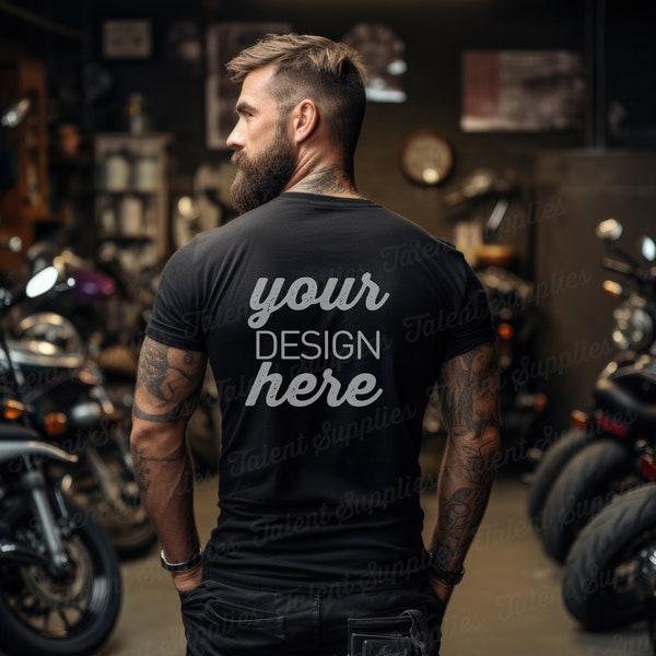 Biker mockup, black T-Shirt mockup, bella canvas 3001 back view motorcycle men mock, apparel biker gildan 5000. Instant download. 0009MO G