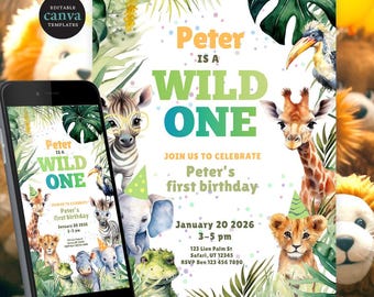 Puede incluir: Una invitación de cumpleaños con temática de jungla. La invitación presenta el texto "Peter is a Wild One" con ilustraciones de una cebra, una jirafa, un león y otros animales. La invitación está en un teléfono inteligente y una tarjeta impresa.