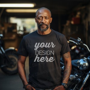 Biker mockup, black T-Shirt mockup, bella canvas 3001 tshirt motorcycle men mock, apparel men biker gildan 5000. Instant download. 0009MO WB