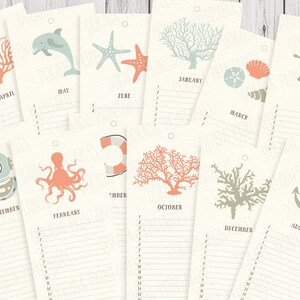 Sea life nautical calendar. Printable wall art. Perpetual twelve months vertical planner. Starfish, octopus, corals, anchor, dolphin, beach