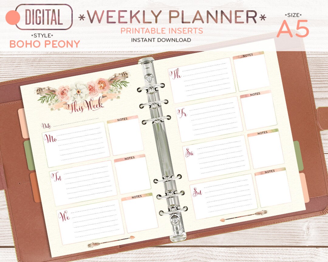 Weekly Planner A5, Printable Page, Half Size Insert, Watercolor Florals, Bohemian Feathers ...