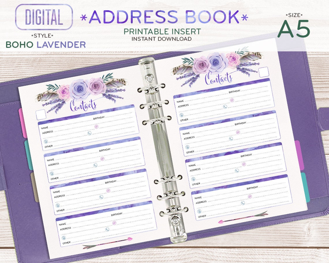A5 Address Book for Planner, Contacts Printable Page Half Size Insert ...