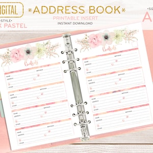 A5 Address Book insert for planner, contacts, printable pages, half size filofax, watercolor boho girly, download 002OR C PINK pastel