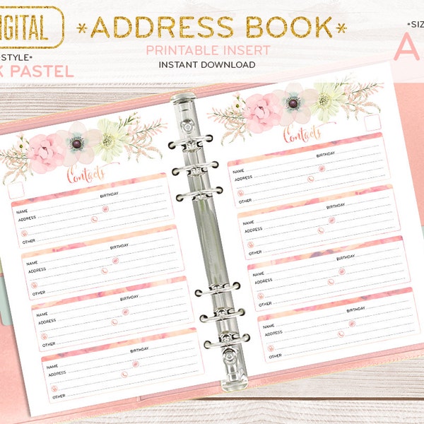 A5 Address Book insert for planner, contacts, printable pages, half size filofax, watercolor boho girly, download 002OR C PINK pastel