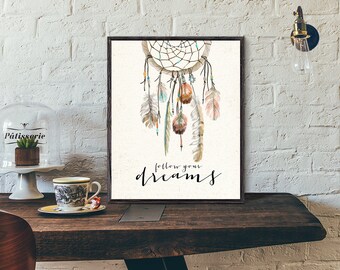 Watercolor dreamcatcher, feathers printable bohemian tribal wall art, wild boho rose, vintage home deoration, wall art, follow your dreams